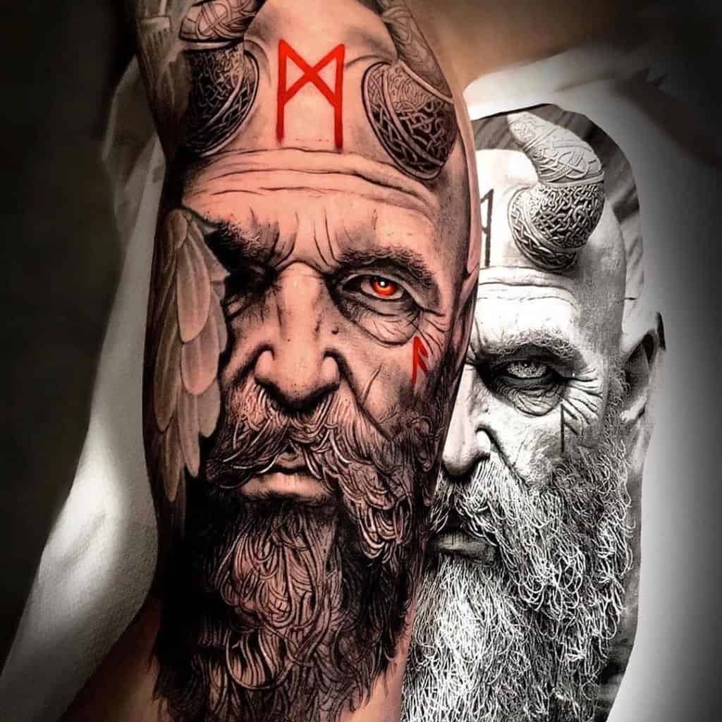 Black and Grey Viking Portrait Tattoo - Love n Hate