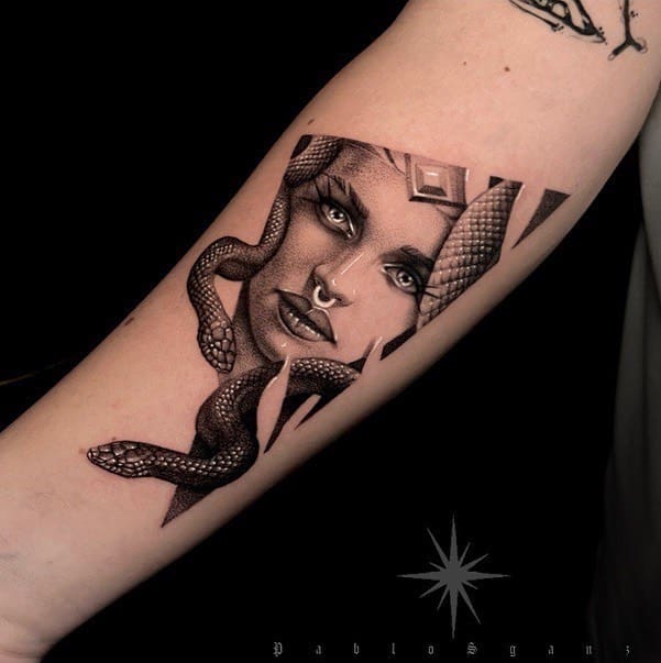 KB Tattoos  Check this little medusa tattoo jammer I did a while ago  Love the smaller details as you all well know by now medusatattoo  forearmtattoo blackandgreytattoo Sponsored by Jungle Tattoo