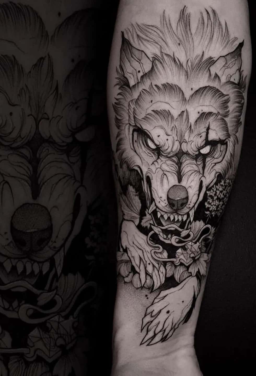 snarling wolf tattoo from the witcher on forearm