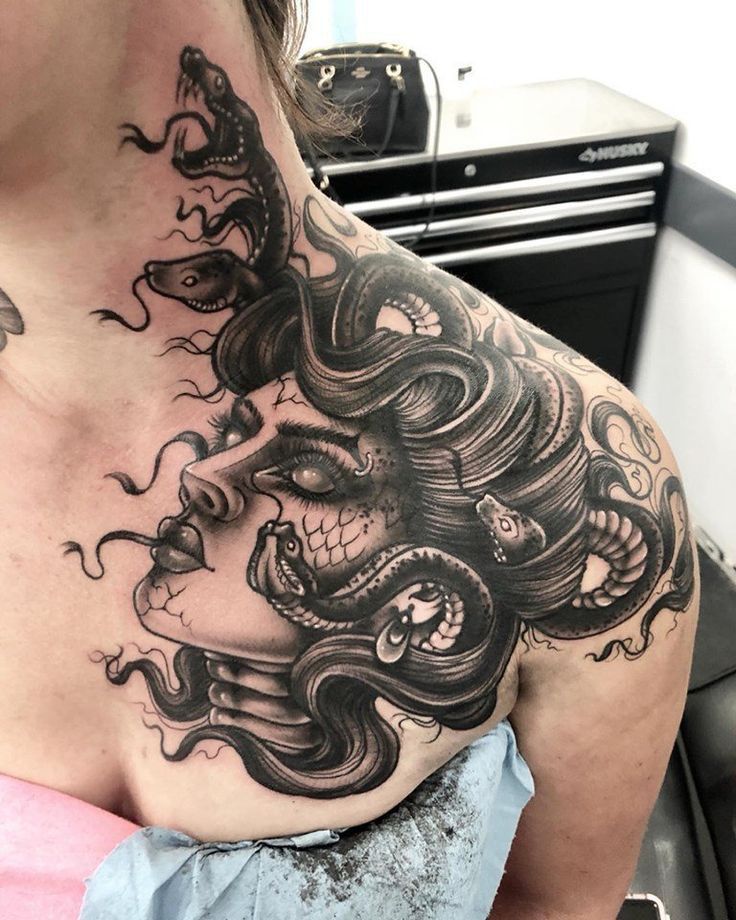 26 Bold Medusa Tattoos To Make You Feel Powerful - Body Artifact medusa tattoo going from shoulder to neck