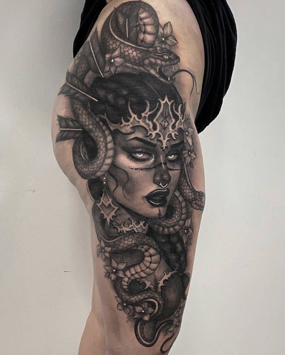 Medusa thigh tattoo done by George Www.JuliaBodyArt.com 10039-166St NW  Edmonton 780-756-1588 . . . . . . . Follow us 👇 👉🏻... | Instagram