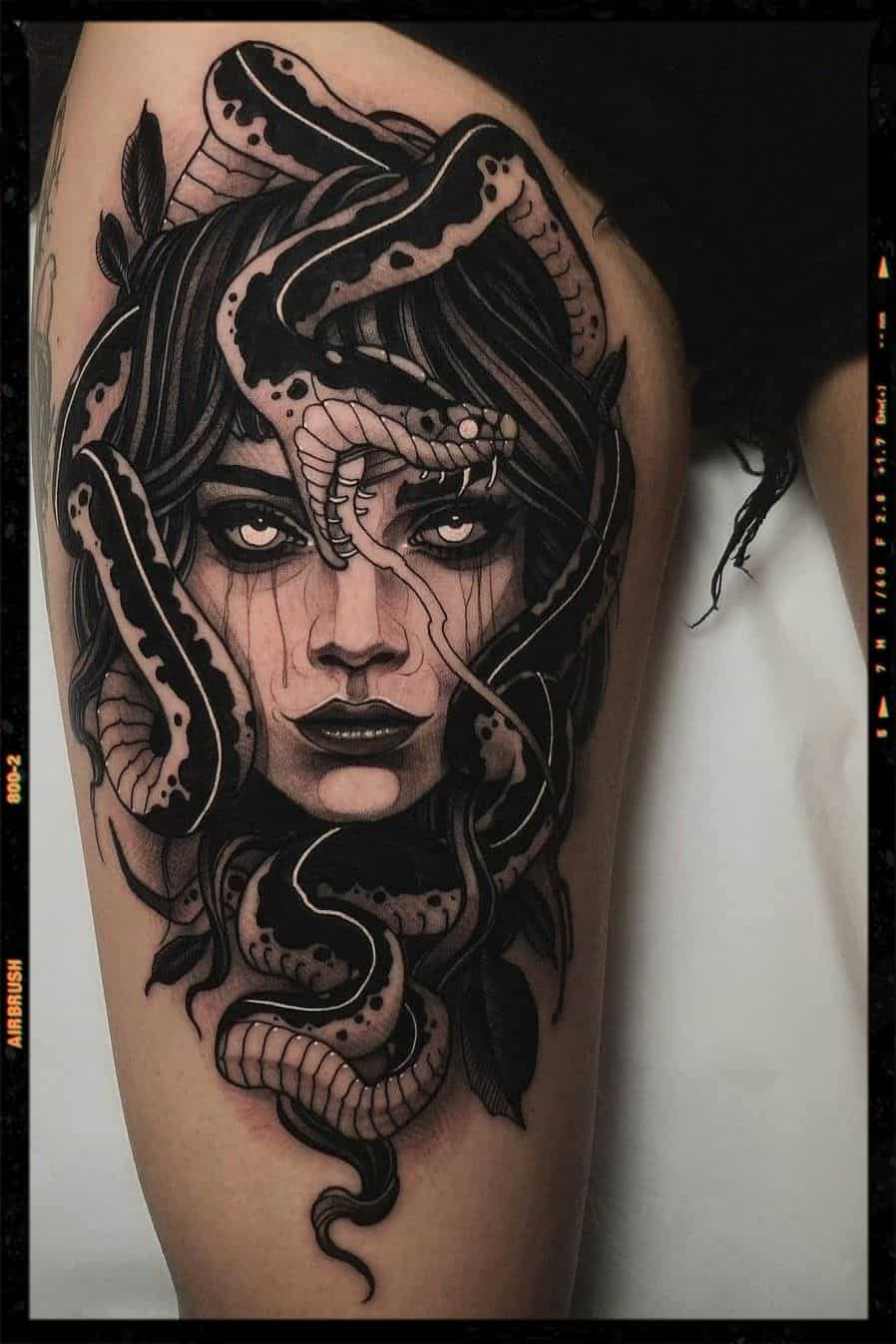 Finished Medusa thigh piece. 🤘🤘#tattoo #tattoos #tattooed #tattooedgirls  #tattooedwomen #tattooedwoman #tattooedwomenofinstagram #m... | Instagram