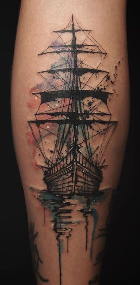 Ship tattoo on male arm over white background Stock Photo - Alamy
