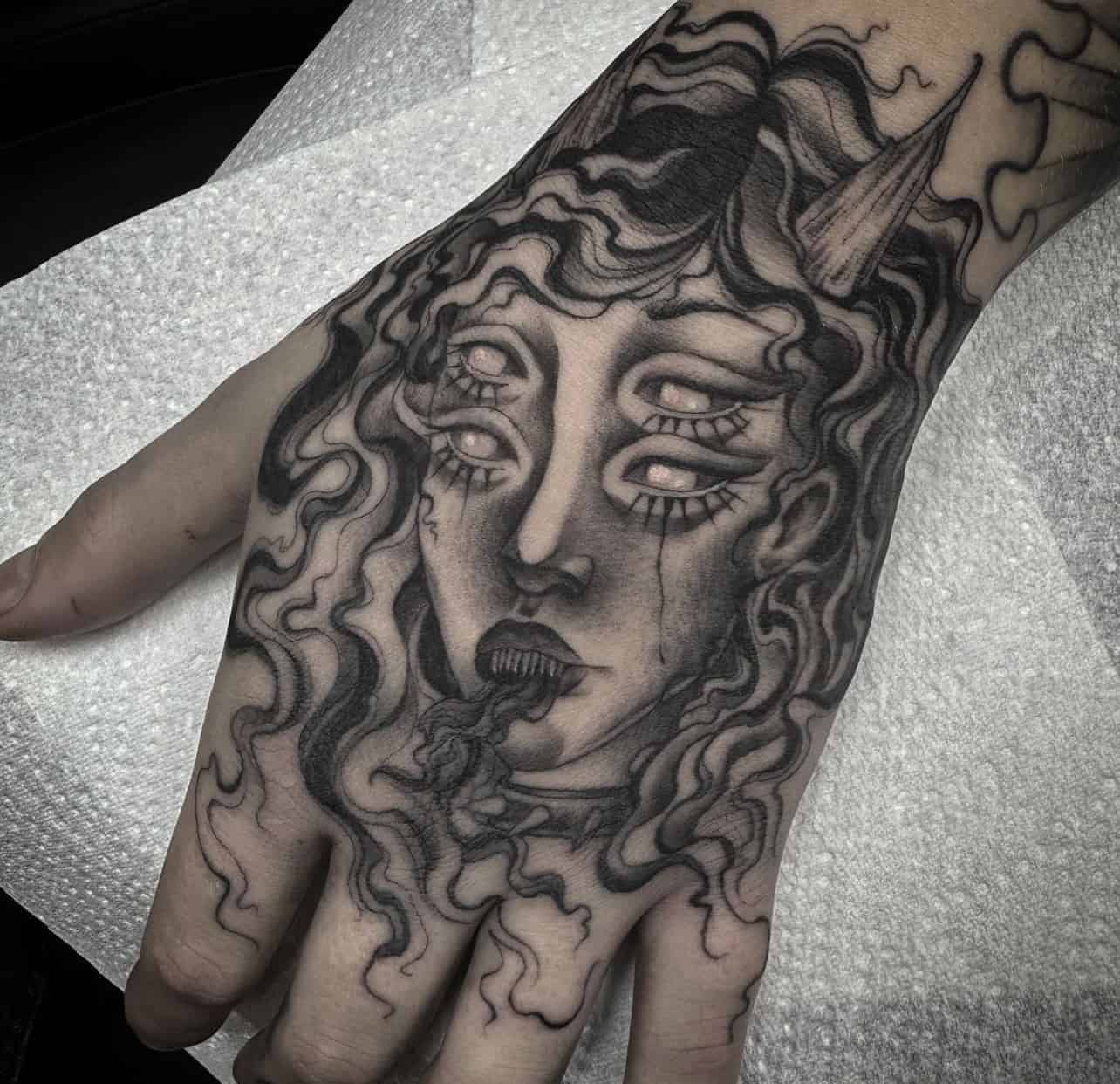 female tattoo artist in gothic tattoo studio, greg rutkowski - Arthub.ai