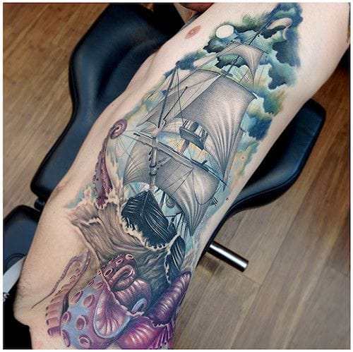 Tattoo uploaded by TheKropify • Ship Pirate ship Sea Octopus Nauthical  Storm Thunder Sleeve Half sleeve Arm tottoo Realistic tattoo • Tattoodo