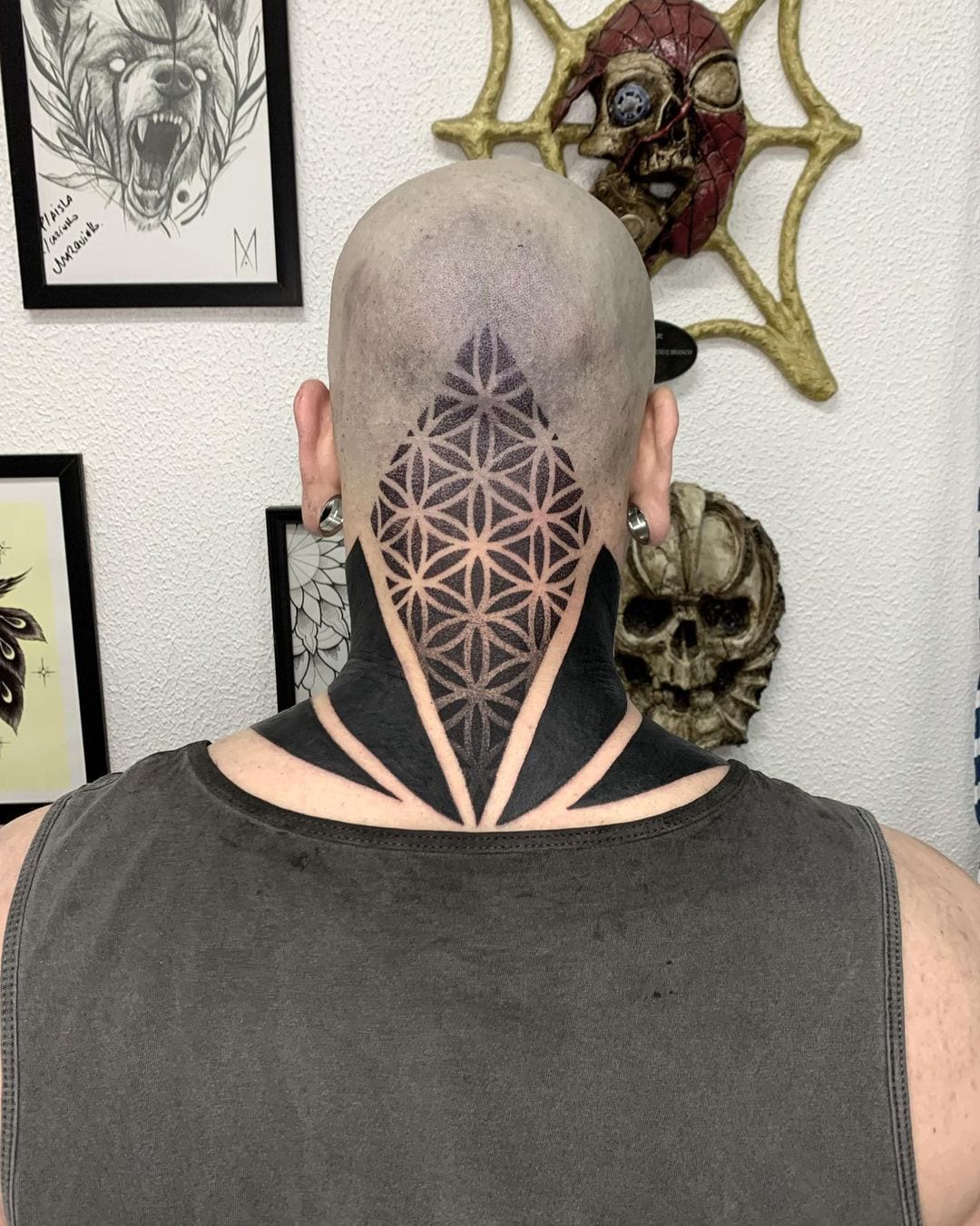 One shot geometric neck tattoo! Can't wait to see how this one settles in!  We're going to me moving onto a sleeve next 🔥🔥 Done... | Instagram