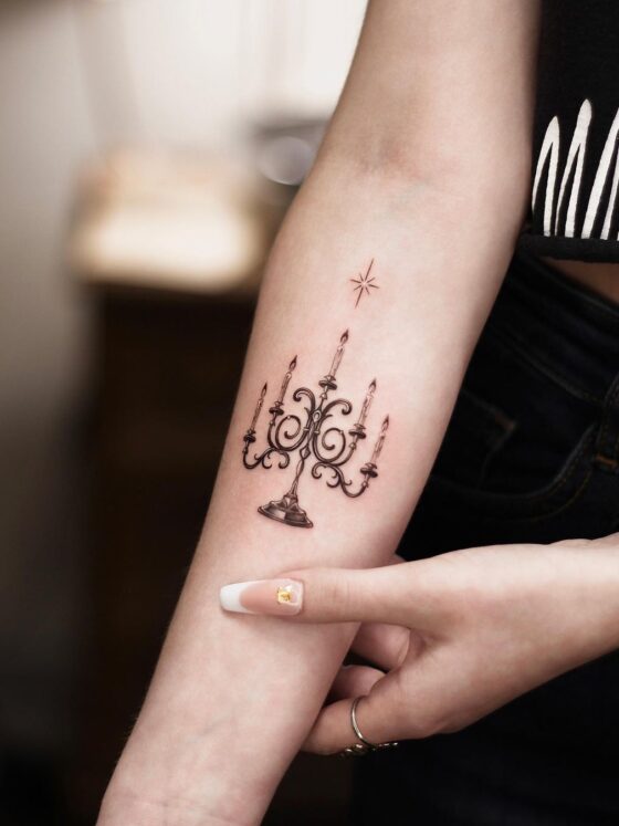 20 Bright Chandelier Tattoos That Light Up A Room 7 chandalier tattoo on forearm
