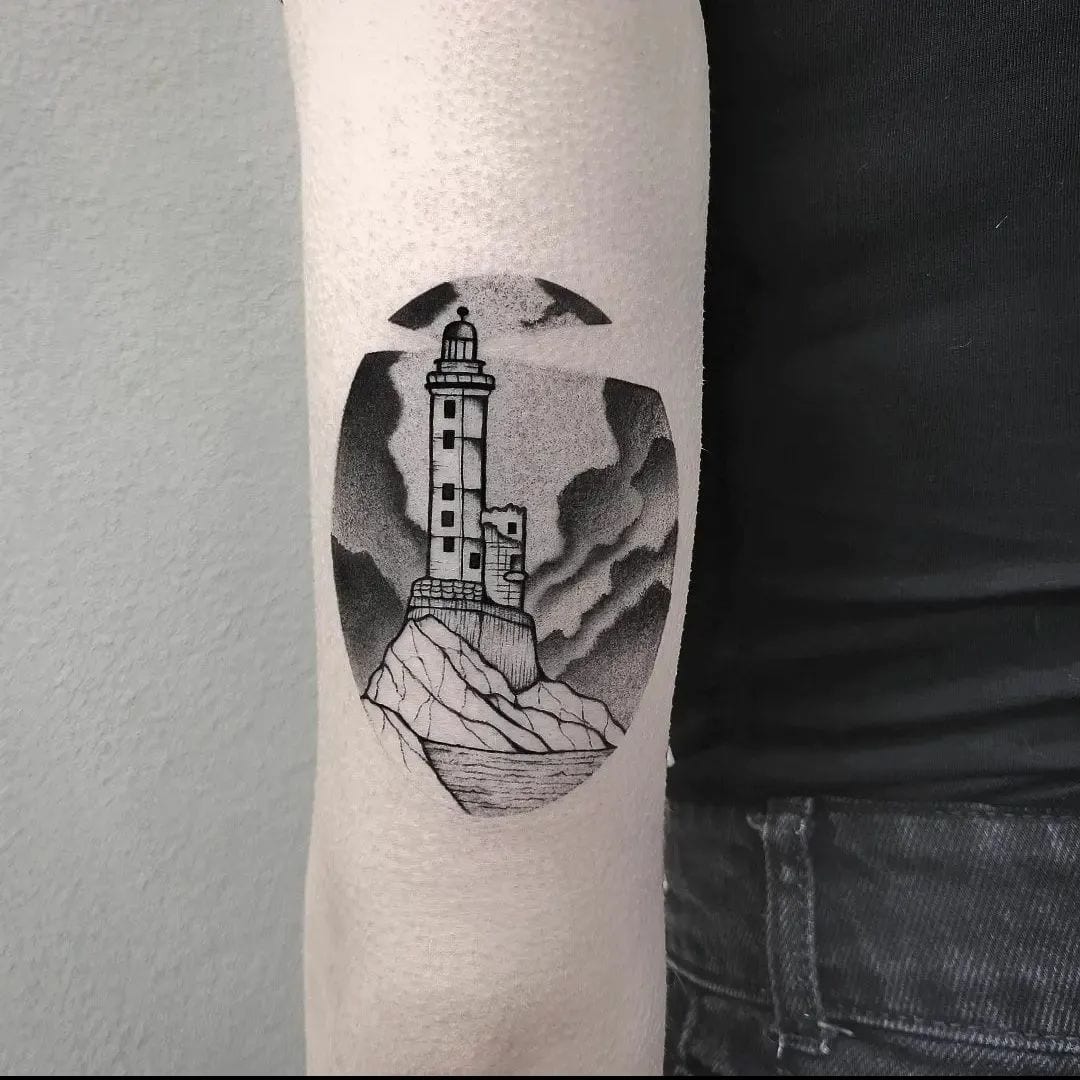 Light house tattoo done by Jon Clark from Arlington,TX out of depiction  tattoo gallery inc. circa '19. : r/tattoos