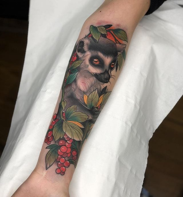 KREA - shoulder tattoo of a multicolored trippy furry cute bushbaby with  rainbow colored spiral eyes, surrounded with colorful shrooms and flowers,  insanely integrate
