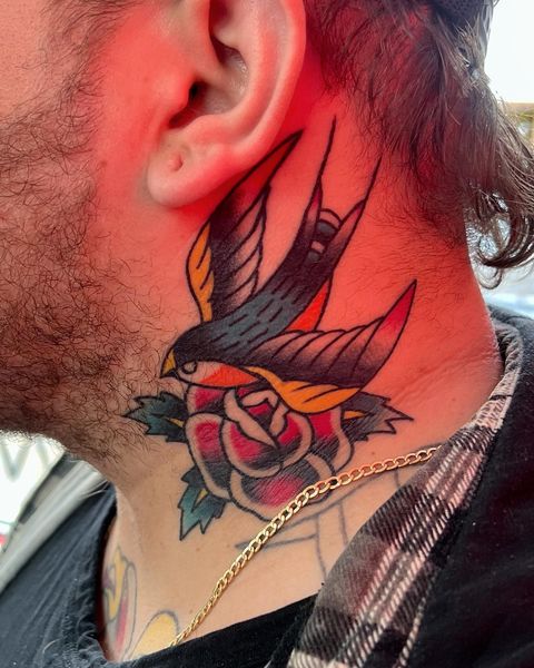 Neck Tattoo by Dave Swambo inked inkedmag tattoo art traditional  flame neck palcement  Neck tattoo Traditional tattoo neck Tattoos