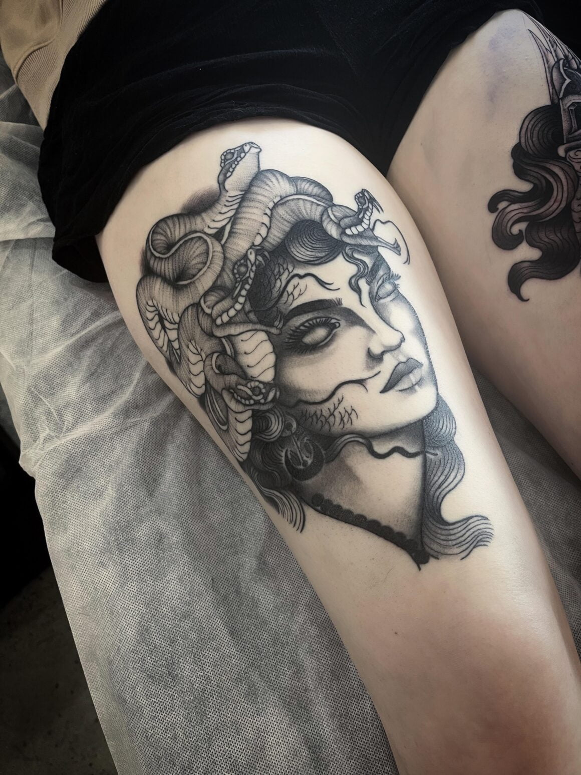 Medusa Tattoo on my thigh, done by Nick Coon, Flat's Tattooing Inc. Groton,  CT. (Pic taken upside down lol) : r/tattoos