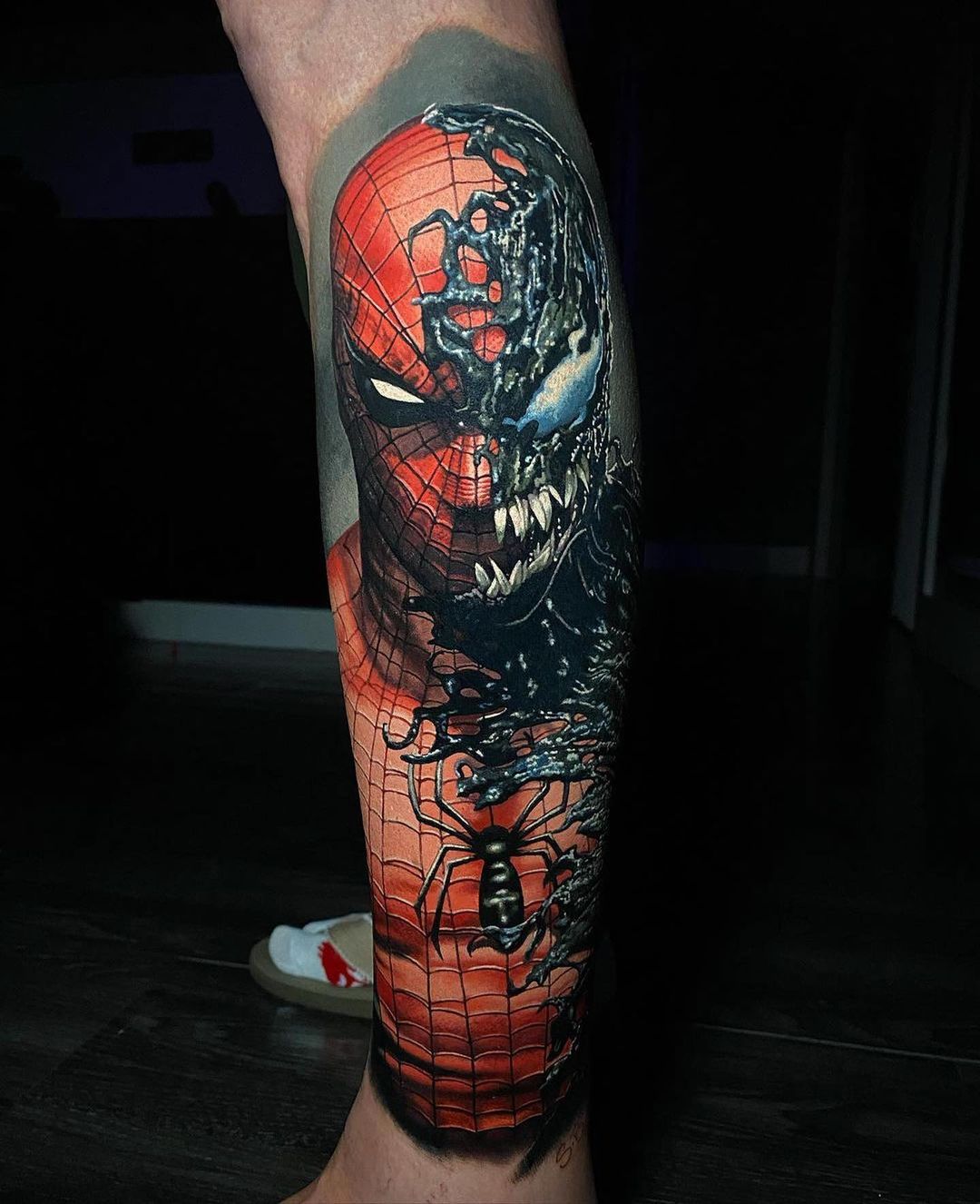 Jeremy Brown  venom vs spiderman leg tattoo i made my fav  Facebook