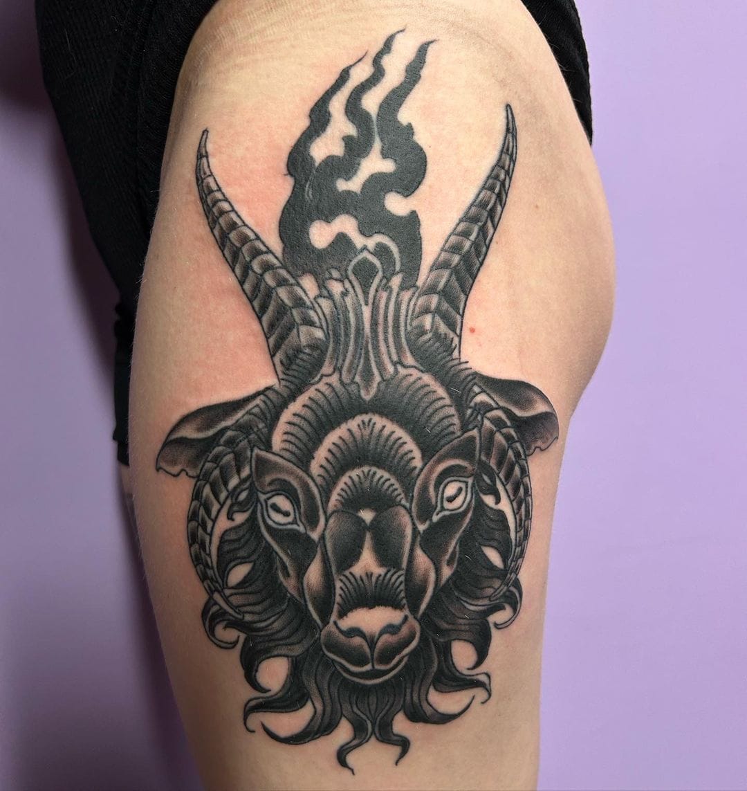 Goat skull done at Primordial Tattoo Studio  Tattoogridnet